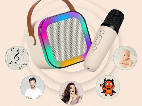 BLOW KIDS KARAOKE komplet, brezžični zvočnik + 2x brezžični mikrofon, Bluetooth 5.3, polnilna baterija, USB / microSD / AUX, RGB LED osvetlitev, ročaj, bež (Cream Beige)