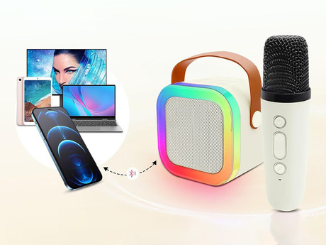 BLOW KIDS KARAOKE komplet, brezžični zvočnik + 2x brezžični mikrofon, Bluetooth 5.3, polnilna baterija, USB / microSD / AUX, RGB LED osvetlitev, ročaj, bež (Cream Beige)