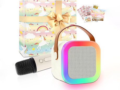 BLOW KIDS KARAOKE komplet, brezžični zvočnik + 2x brezžični mikrofon, Bluetooth 5.3, polnilna baterija, USB / microSD / AUX, RGB LED osvetlitev, ročaj, bež (Cream Beige)