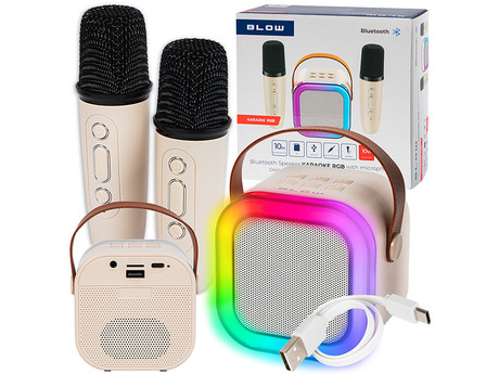 BLOW KIDS KARAOKE komplet, brezžični zvočnik + 2x brezžični mikrofon, Bluetooth 5.3, polnilna baterija, USB / microSD / AUX, RGB LED osvetlitev, ročaj, bež (Cream Beige)