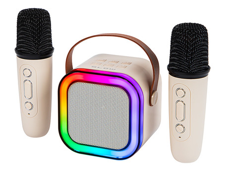 BLOW KIDS KARAOKE komplet, brezžični zvočnik + 2x brezžični mikrofon, Bluetooth 5.3, polnilna baterija, USB / microSD / AUX, RGB LED osvetlitev, ročaj, bež (Cream Beige)