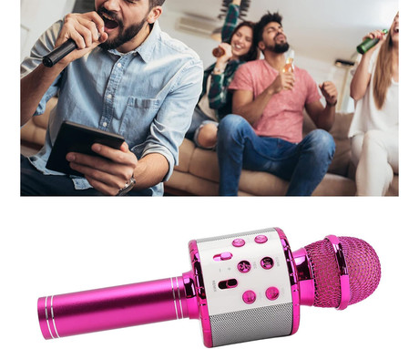 BLOW PRM402 KARAOKE mikrofon z zvočnikom, 5W, brezžični, Bluetooth, Android + iOS, modulacija glasu, 1800mAh polnilna baterija, gumbi za upravljanje, USB / microSD / AUX, roza (Blush Pink)