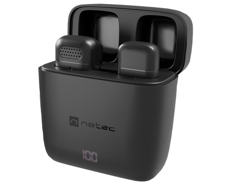 Natec HOPPER brezžični mikrofon, mini, lavalier, polnilna baterija, 2.4GHz sprejemnik, doseg do 30m, tehnologija ENC, CLIP-ON montaža, +polnilna postaja, USB Type-C, črn