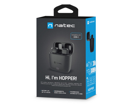 Natec HOPPER brezžični mikrofon, mini, lavalier, polnilna baterija, 2.4GHz sprejemnik, doseg do 30m, tehnologija ENC, CLIP-ON montaža, +polnilna postaja, USB Type-C, črn