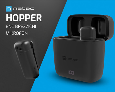 Natec HOPPER brezžični mikrofon, mini, lavalier, polnilna baterija, 2.4GHz sprejemnik, doseg do 30m, tehnologija ENC, CLIP-ON montaža, +polnilna postaja, USB Type-C, črn