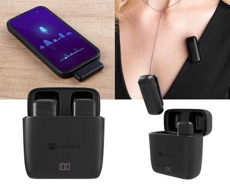Natec HOPPER brezžični mikrofon, mini, lavalier, polnilna baterija, 2.4GHz sprejemnik, doseg do 30m, tehnologija ENC, CLIP-ON montaža, +polnilna postaja, USB Type-C, črn