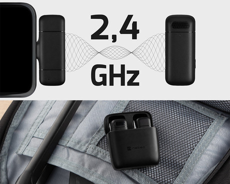 Natec HOPPER brezžični mikrofon, mini, lavalier, polnilna baterija, 2.4GHz sprejemnik, doseg do 30m, tehnologija ENC, CLIP-ON montaža, +polnilna postaja, USB Type-C, črn