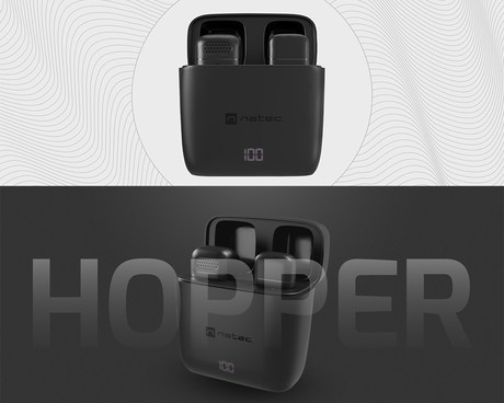 Natec HOPPER brezžični mikrofon, mini, lavalier, polnilna baterija, 2.4GHz sprejemnik, doseg do 30m, tehnologija ENC, CLIP-ON montaža, +polnilna postaja, USB Type-C, črn
