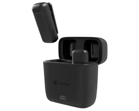 Natec HOPPER brezžični mikrofon, mini, lavalier, polnilna baterija, 2.4GHz sprejemnik, doseg do 30m, tehnologija ENC, CLIP-ON montaža, +polnilna postaja, USB Type-C, črn