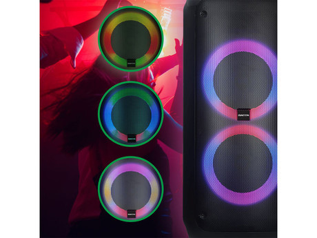 MANTA SPK0802B120 ATTIS prenosni KARAOKE zvočnik, Bluetooth 5.3, FM Radio, 120W, TWS, Equalizer, polnilna baterija, RGB LED osvetlitev, USB / microSD / AUX / MIC-in, +mikrofon, +daljinec, črn
