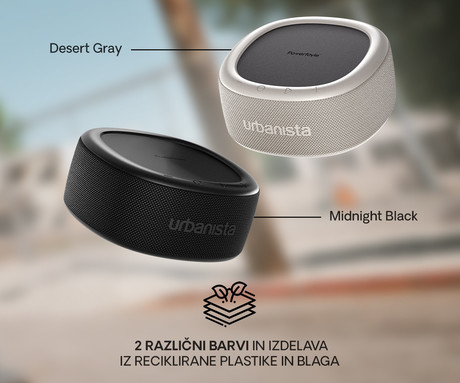 URBANISTA MALIBU prenosni SOLARNI zvočnik, solarno polnjenje, Bluetooth® 5.2, TWS / Stereo Link, polnilna baterija, brezplačna aplikacija, IP67 vodoodpornost, USB Type-C, siv (Desert Gray)