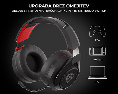 GENESIS SELEN 400 brezžične gaming slušalke z mikrofonom, STEREO 2.0, polnilna baterija, USB, PC / PS4 / Nintendo Switch, črno-rdeče