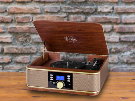 TREVI TT 1042 BT gramofon / radijski sprejemnik, Bluetooth, DAB / DAB+ / MP3 / USB, LCD zaslon, gramofonske / vinilne plošče, lesen, rjav, srebrn