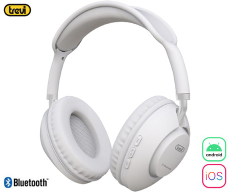 TREVI DJ 12E42 BT brezžične naglavne slušalke, Bluetooth 5.3, polnilna baterija, mikrofon, telefoniranje, gumbi za upravljanje, USB Type-C, AUX, bele