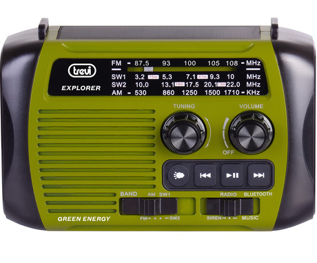 TREVI RA 7F30 BT DYNAMO radijski sprejemnik, 3v1, FM Radio, zvočnik, teleskopska antena, polnilna baterija, solarni panel, LED svetilka, retro izgled, prenosen, FM / AM / SW, USB, microSD, zeleno-črn
