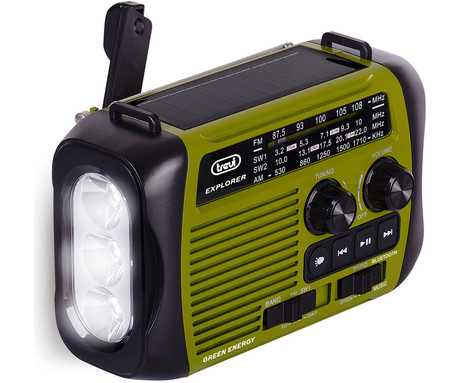TREVI RA 7F30 BT DYNAMO radijski sprejemnik, 3v1, FM Radio, zvočnik, teleskopska antena, polnilna baterija, solarni panel, LED svetilka, retro izgled, prenosen, FM / AM / SW, USB, microSD, zeleno-črn