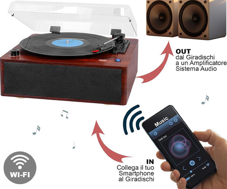 TREVI TT 1030 BT gramofon, 30W, STEREO zvočniki, 33/45/78rpm, BluetoothWIRELESS IN/OUT oddajnik, RCA izhod, leseno ohišje, rjavo-črn