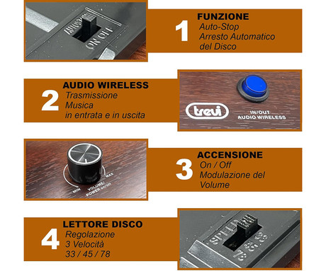 TREVI TT 1030 BT gramofon, 30W, STEREO zvočniki, 33/45/78rpm, BluetoothWIRELESS IN/OUT oddajnik, RCA izhod, leseno ohišje, rjavo-črn