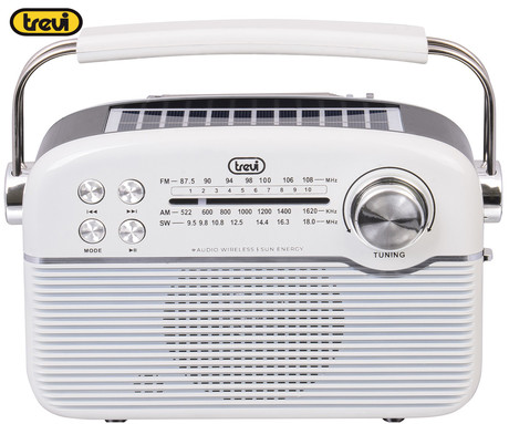TREVI RA 7F50 BT radijski sprejemnik, FM Radio, zvočnik, teleskopska antena, polnilna baterija, solarni panel, retro izgled, prenosen, FM / AM / SW, AUX, USB, microSD, črno bel (Inkwave White)