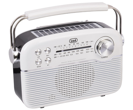 TREVI RA 7F50 BT radijski sprejemnik, FM Radio, zvočnik, teleskopska antena, polnilna baterija, solarni panel, retro izgled, prenosen, FM / AM / SW, AUX, USB, microSD, črno bel (Inkwave White)