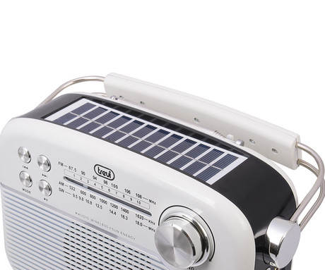 TREVI RA 7F50 BT radijski sprejemnik, FM Radio, zvočnik, teleskopska antena, polnilna baterija, solarni panel, retro izgled, prenosen, FM / AM / SW, AUX, USB, microSD, črno bel (Inkwave White)