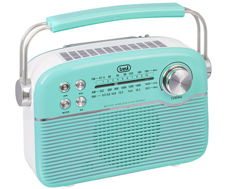 TREVI RA 7F50 BT radijski sprejemnik, FM Radio, zvočnik, teleskopska antena, polnilna baterija, solarni panel, retro izgled, prenosen, FM / AM / SW, AUX, USB, microSD, zeleno bel (Tiffany Green)