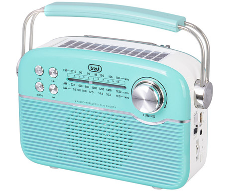 TREVI RA 7F50 BT radijski sprejemnik, FM Radio, zvočnik, teleskopska antena, polnilna baterija, solarni panel, retro izgled, prenosen, FM / AM / SW, AUX, USB, microSD, zeleno bel (Tiffany Green)