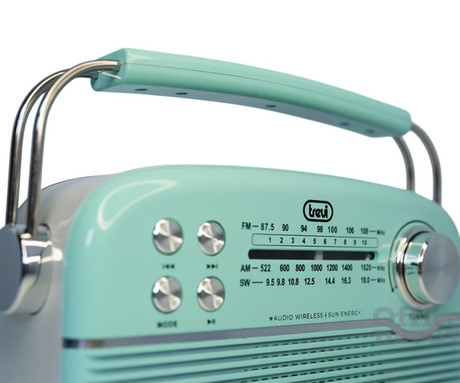 TREVI RA 7F50 BT radijski sprejemnik, FM Radio, zvočnik, teleskopska antena, polnilna baterija, solarni panel, retro izgled, prenosen, FM / AM / SW, AUX, USB, microSD, zeleno bel (Tiffany Green)