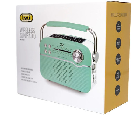 TREVI RA 7F50 BT radijski sprejemnik, FM Radio, zvočnik, teleskopska antena, polnilna baterija, solarni panel, retro izgled, prenosen, FM / AM / SW, AUX, USB, microSD, zeleno bel (Tiffany Green)