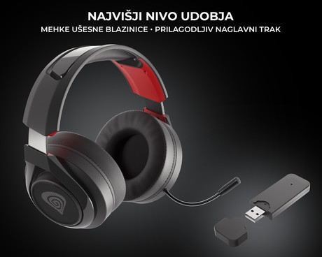 GENESIS SELEN 400 brezžične gaming slušalke z mikrofonom, STEREO 2.0, polnilna baterija, USB, PC / PS4 / Nintendo Switch, črno-rdeče