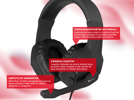 GENESIS ARGON 200 gaming naglavne slušalke, 2.0 STEREO zvok, mikrofon, tehnologija Noise Reduction, nadzor glasnosti, pleten kabel, mini jack 3.5mm, črne