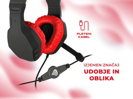 GENESIS ARGON 200 gaming naglavne slušalke, 2.0 STEREO zvok, mikrofon, tehnologija Noise Reduction, nadzor glasnosti, pleten kabel, mini jack 3.5mm, črno rdeče