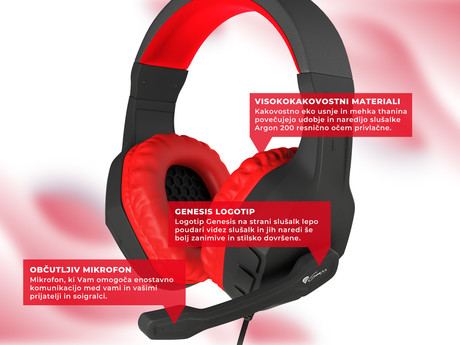 GENESIS ARGON 200 gaming naglavne slušalke, 2.0 STEREO zvok, mikrofon, tehnologija Noise Reduction, nadzor glasnosti, pleten kabel, mini jack 3.5mm, črno rdeče