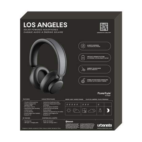 URBANISTA LOS ANGELES brezžične SOLARNE slušalke, Bluetooth, solarno polnjenje, upravljanje na dotik, aplikacija, ANC, USB Type-C, črne (Midnight Black)