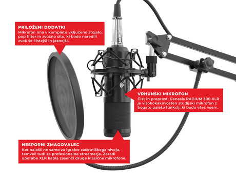 GENESIS RADIUM 300, profesionalni namizni mikrofon, za GAMING, STREAMING, studijsko ali SPLETNO komunikacijo, popolnoma nastavljiv, XLR konektor, kabel 2.5m