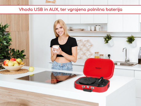 TREVI TT 1020 SALLY BT Prenosni gramofon s tehnologijo Bluetooth, USB, AUX-IN, RCA, rdeč