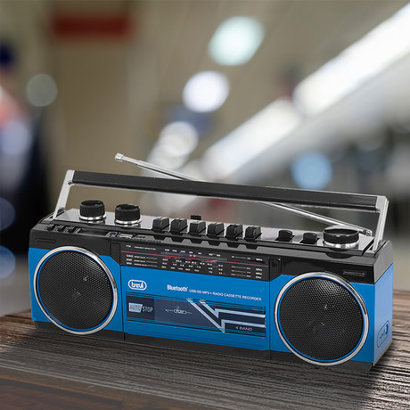 TREVI RR 501 BT Radijski kasetofon s tehnologijo Bluetooth, MW/FM/SW1/SW2, MP3, vhod USB/microSD/AUX-in, mikrofon, snemanje, Autostop, črno moder