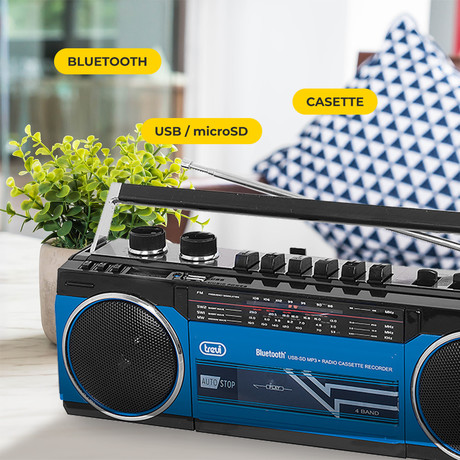 TREVI RR 501 BT Radijski kasetofon s tehnologijo Bluetooth, MW/FM/SW1/SW2, MP3, vhod USB/microSD/AUX-in, mikrofon, snemanje, Autostop, črno moder