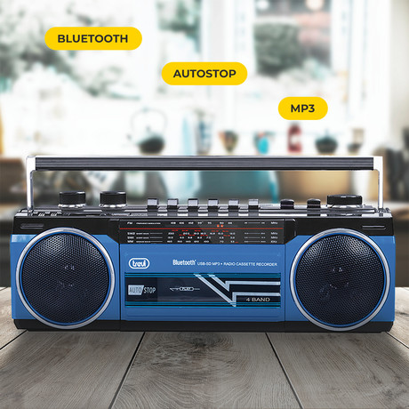 TREVI RR 501 BT Radijski kasetofon s tehnologijo Bluetooth, MW/FM/SW1/SW2, MP3, vhod USB/microSD/AUX-in, mikrofon, snemanje, Autostop, črno moder