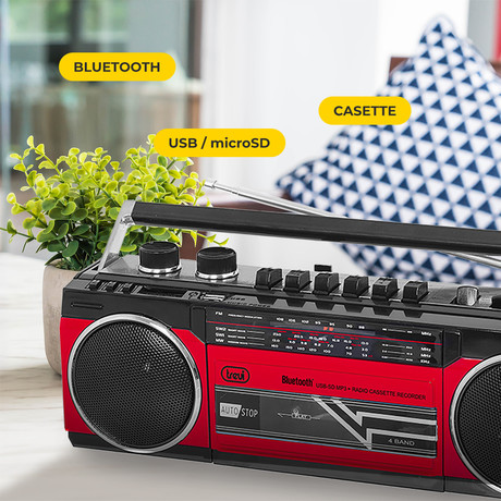 TREVI RR 501 BT Radijski kasetofon s tehnologijo Bluetooth, črno rdeč