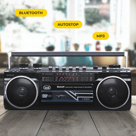TREVI RR 501 BT Radijski kasetofon s tehnologijo Bluetooth, MW/FM/SW1/SW2, MP3, vhod USB/microSD/AUX-in, mikrofon, snemanje, Autostop, črn