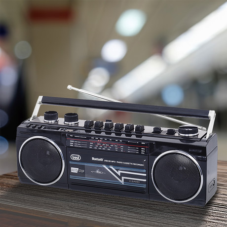 TREVI RR 501 BT Radijski kasetofon s tehnologijo Bluetooth, MW/FM/SW1/SW2, MP3, vhod USB/microSD/AUX-in, mikrofon, snemanje, Autostop, črn