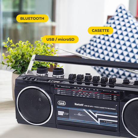 TREVI RR 501 BT Radijski kasetofon s tehnologijo Bluetooth, MW/FM/SW1/SW2, MP3, vhod USB/microSD/AUX-in, mikrofon, snemanje, Autostop, črn
