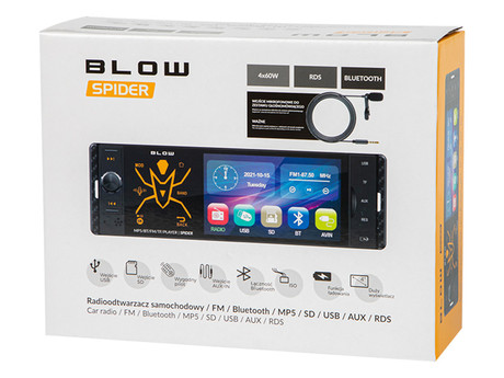 BLOW SPIDER avto radio, RDS, FM Radio, Bluetooth, 4x60W, zaslon na dotik, MirrorLink, RGB LED, telefoniranje, MP3 / USB / microSD / AUX, daljinski upravljalnik, 1-DIN