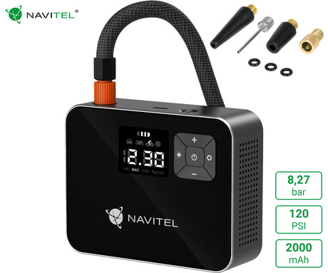 NAVITEL AIR 15 AL brezžična zračna tlačilka, 120PSI/8.27bar, polnilna baterija, zaslon, merilnik tlaka, LED svetilka, 4 adapterji, + torba