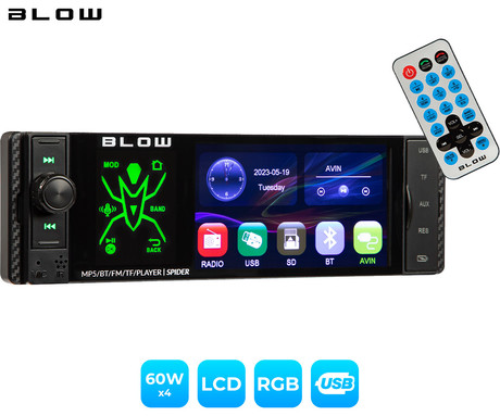 BLOW SPIDER avto radio, RDS, FM Radio, Bluetooth, 4x60W, zaslon na dotik, MirrorLink, RGB LED, telefoniranje, MP3 / USB / microSD / AUX, daljinski upravljalnik, 1-DIN