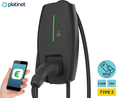 Platinet PWB11KWS EV polnilna postaja za električna vozila, 11kW, 16A, 7m kabel, TYPE 2, Plug & Play / RFID kartice / OCPP/ aplikacija, LED indikator, IP65 & IK10 odpornost, varnostne zaščite, črna