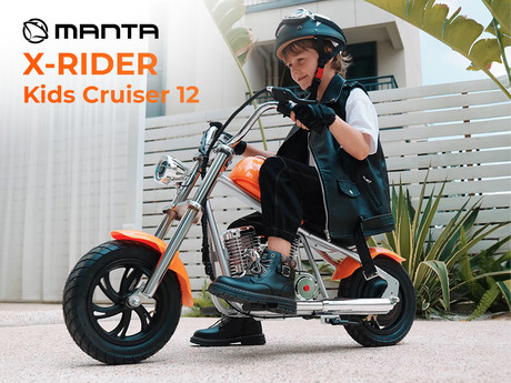 MANTA X-RIDER Kids Cruiser 12 otroški električni motor, 160W motor, 12" pnevmatike, do 16km/h, domet 12km, do 65kg, zvočniki, Bluetooth, baterija, RGB LED, aplikacija