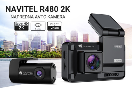 NAVITEL R480 2K avto kamera + vzvratna kamera, 2K Super HD, SONY senzor, Night Vision, G-senzor, magnetni nosilec, aplikacija, darilni bon, črna