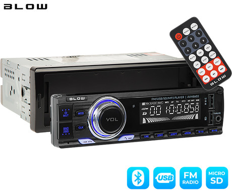 BLOW AVH8603 avto radio, 1DIN, RDS / FM Radio, Bluetooth, 4x60W, MP3 / USB / AUX, snemljiva plošča, daljinski upravljalnik